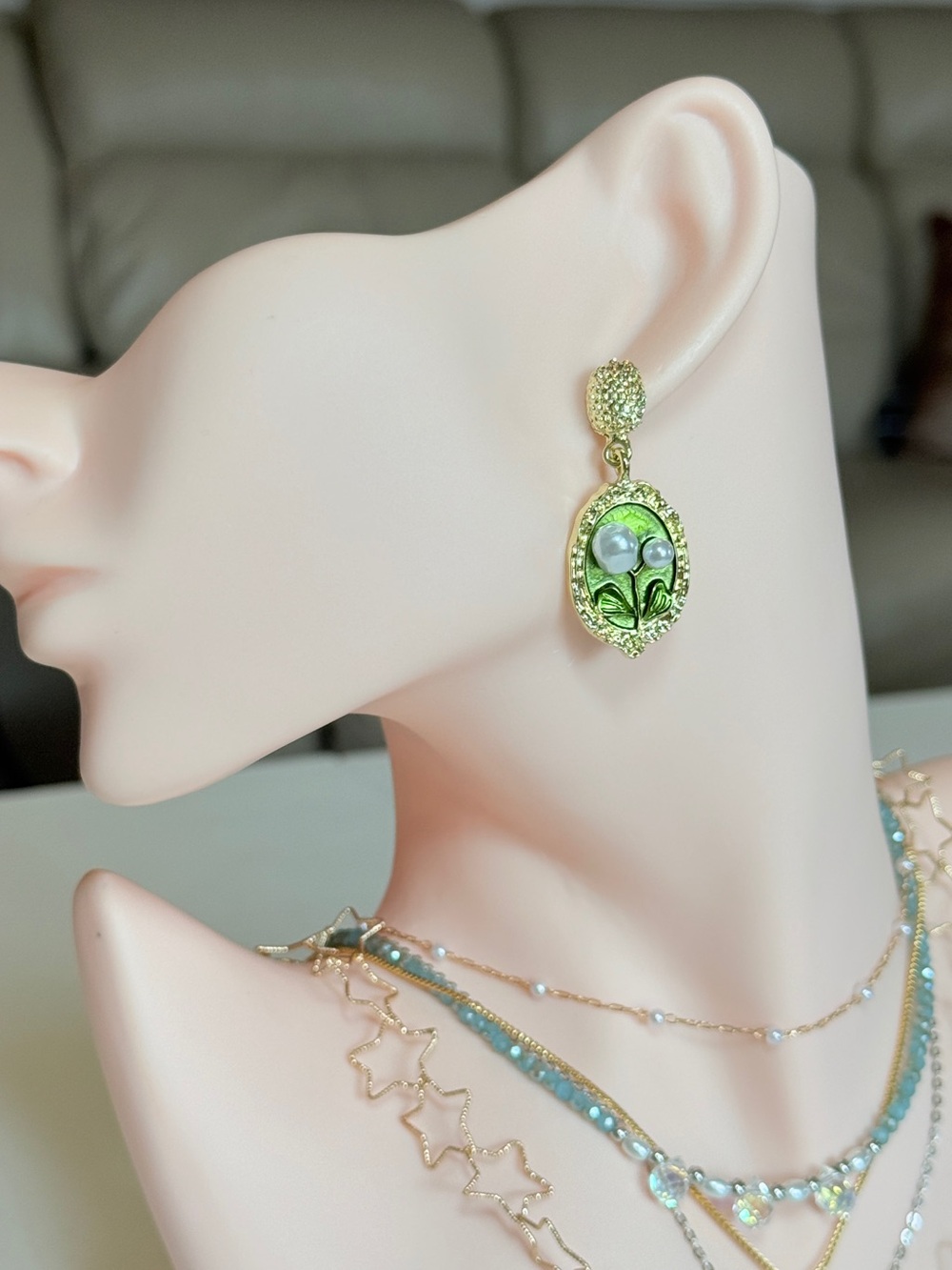 Green Floral Drop Earrings - Women Jewelry